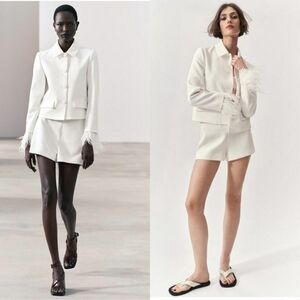 Zara feathered cropped blazer jacket size Xs white new with tag